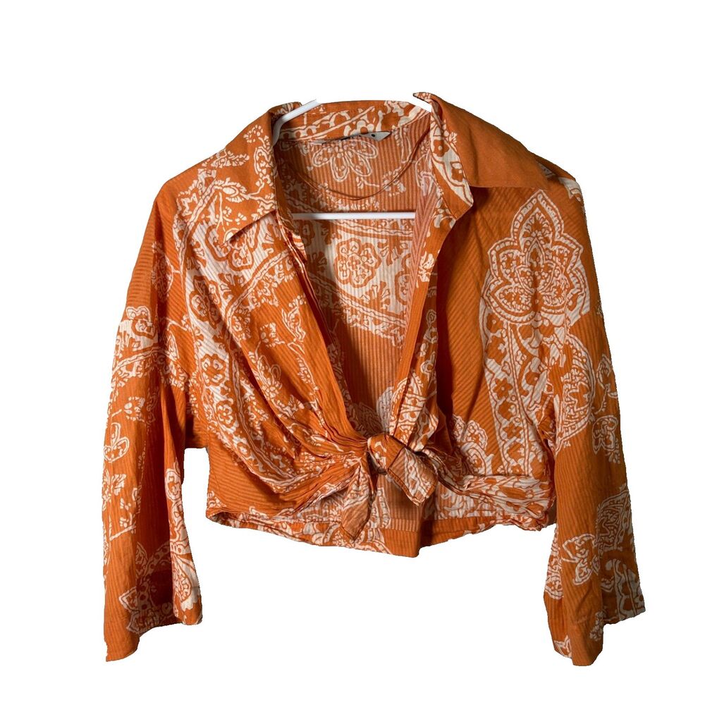 Zara Shirt Women's Small Orange Cropped Tie 3/4 Sleeve Collared Sheer Top Casual